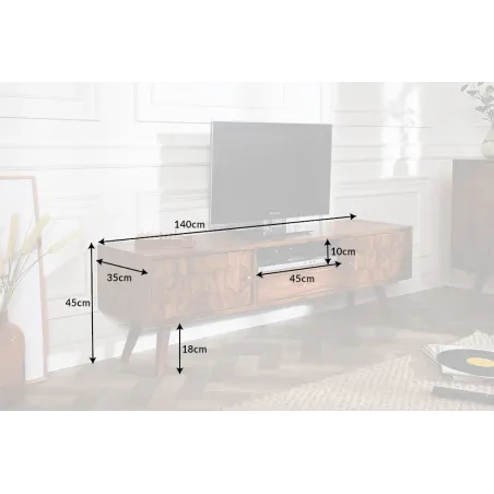 Meuble TV MYSTIC salon 140 cm en bois massif Sheesham – Finition stone 3D