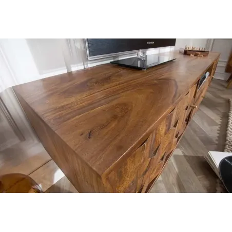 Meuble TV MYSTIC salon 140 cm en bois massif Sheesham – Finition stone 3D