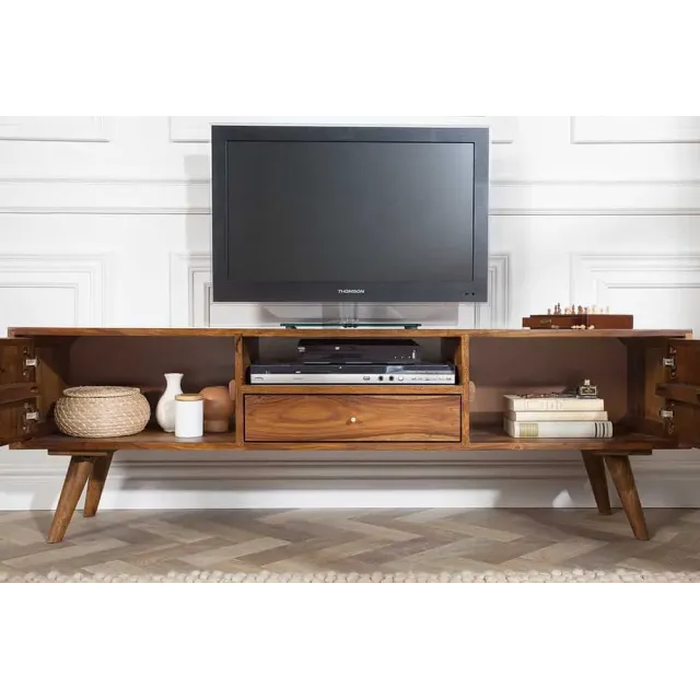 Meuble TV MYSTIC salon 140 cm en bois massif Sheesham – Finition stone 3D