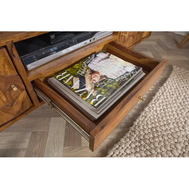 Meuble TV MYSTIC salon 140 cm en bois massif Sheesham – Finition stone 3D