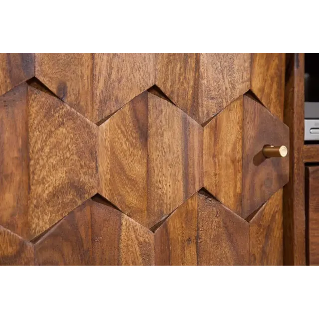 Meuble TV MYSTIC salon 140 cm en bois massif Sheesham – Finition stone 3D