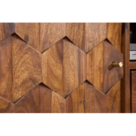 Meuble TV MYSTIC salon 140 cm en bois massif Sheesham – Finition stone 3D