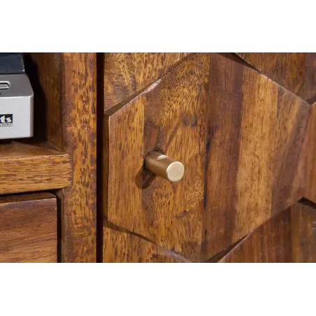 Meuble TV MYSTIC salon 140 cm en bois massif Sheesham – Finition stone 3D