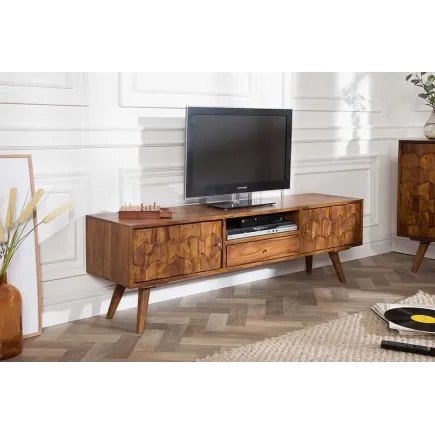 Meuble TV MYSTIC salon 140 cm en bois massif Sheesham – Finition stone 3D