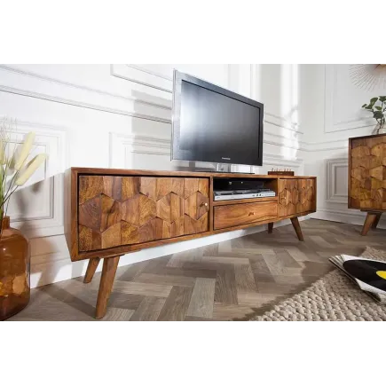 Meuble TV MYSTIC salon 140 cm en bois massif Sheesham – Finition stone 3D 2