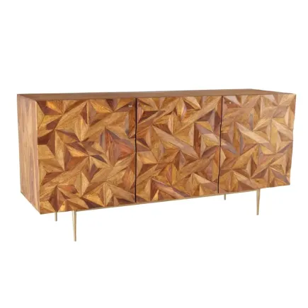 Sideboard en bois massif Sheesham 145 cm – Design 3D artisanal & pieds métal doré mat