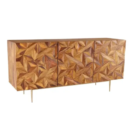 Sideboard en bois massif Sheesham 145 cm – Design 3D artisanal & pieds métal doré mat