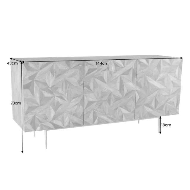 Sideboard en bois massif Sheesham 145 cm – Design 3D artisanal & pieds métal doré mat