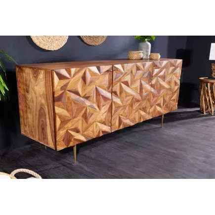 Sideboard en bois massif Sheesham 145 cm – Design 3D artisanal & pieds métal doré mat 2