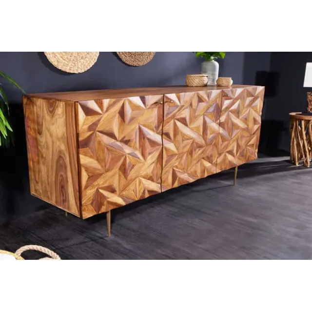 Sideboard en bois massif Sheesham 145 cm – Design 3D artisanal & pieds métal doré mat
