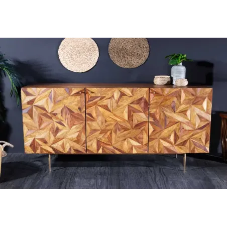 Sideboard en bois massif Sheesham 145 cm – Design 3D artisanal & pieds métal doré mat