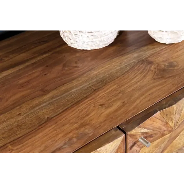 Sideboard en bois massif Sheesham 145 cm – Design 3D artisanal & pieds métal doré mat