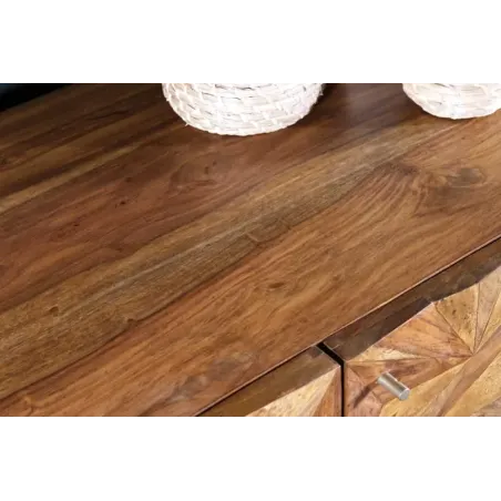 Sideboard en bois massif Sheesham 145 cm – Design 3D artisanal & pieds métal doré mat