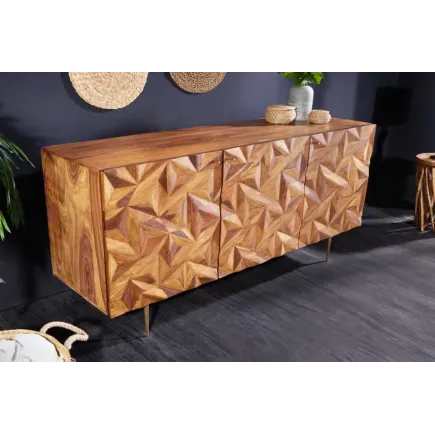 Sideboard en bois massif Sheesham 145 cm – Design 3D artisanal & pieds métal doré mat 2