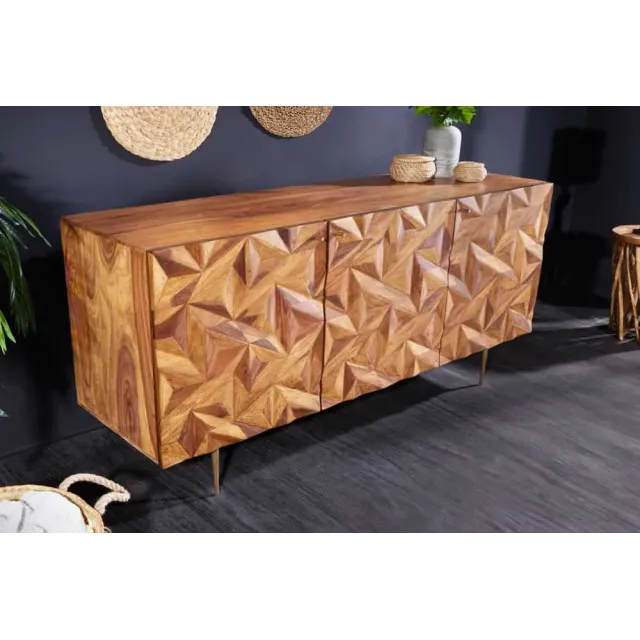 Sideboard en bois massif Sheesham 145 cm – Design 3D artisanal & pieds métal doré mat