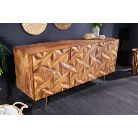 Sideboard en bois massif Sheesham 145 cm – Design 3D artisanal & pieds métal doré mat