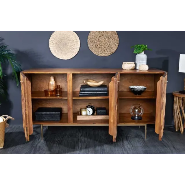 Sideboard en bois massif Sheesham 145 cm – Design 3D artisanal & pieds métal doré mat