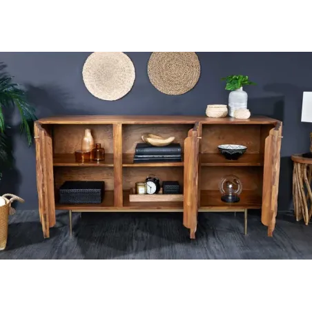 Sideboard en bois massif Sheesham 145 cm – Design 3D artisanal & pieds métal doré mat