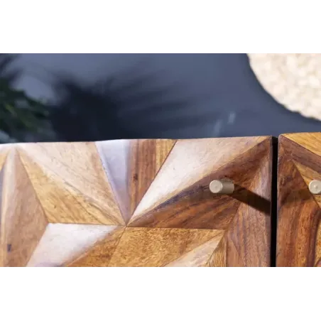 Sideboard en bois massif Sheesham 145 cm – Design 3D artisanal & pieds métal doré mat