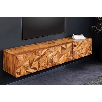 Meuble TV suspendu en bois massif Sheesham 160 cm – Design 3D artisanal & poignées doré mat 2