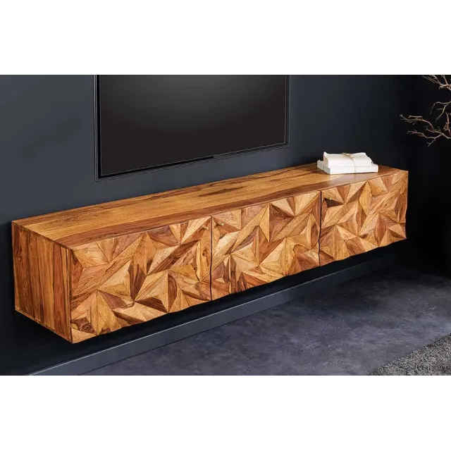 Meuble TV suspendu en bois massif Sheesham 160 cm – Design 3D artisanal & poignées doré mat