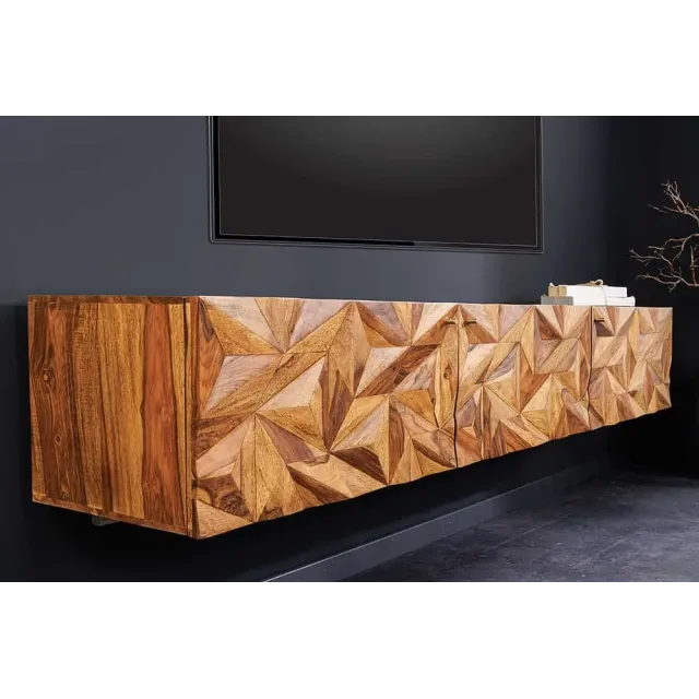 Meuble TV suspendu en bois massif Sheesham 160 cm – Design 3D artisanal & poignées doré mat