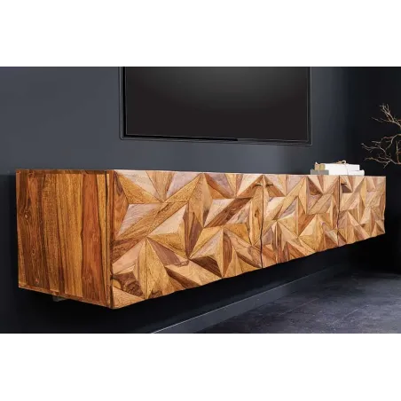 Meuble TV suspendu en bois massif Sheesham 160 cm – Design 3D artisanal & poignées doré mat