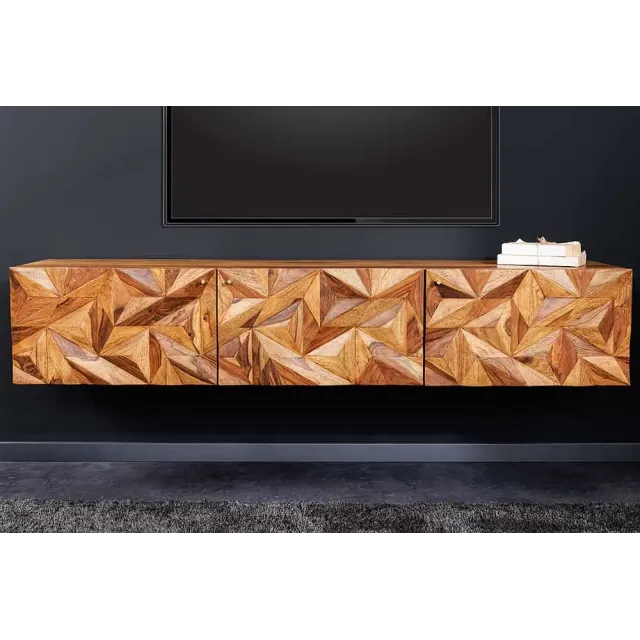 Meuble TV suspendu en bois massif Sheesham 160 cm – Design 3D artisanal & poignées doré mat