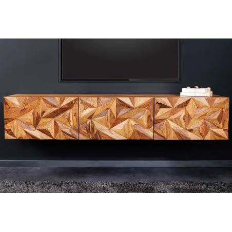 Meuble TV suspendu en bois massif Sheesham 160 cm – Design 3D artisanal & poignées doré mat