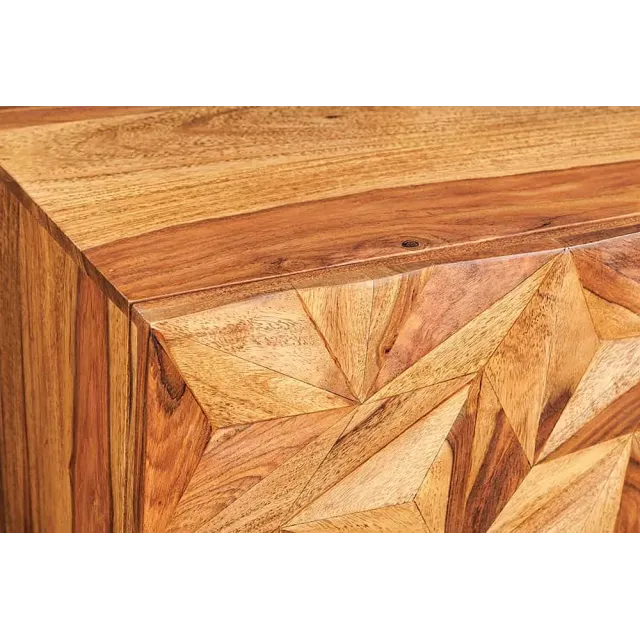 Meuble TV suspendu en bois massif Sheesham 160 cm – Design 3D artisanal & poignées doré mat