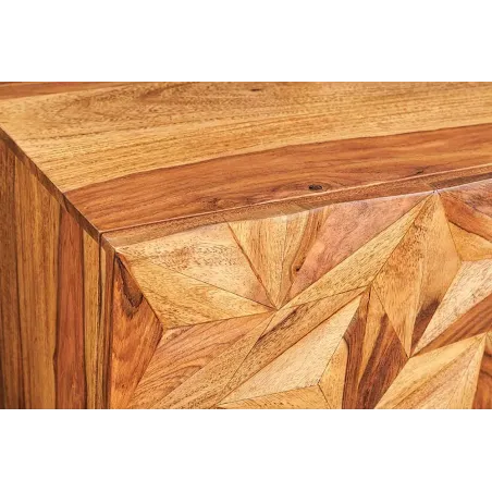 Meuble TV suspendu en bois massif Sheesham 160 cm – Design 3D artisanal & poignées doré mat