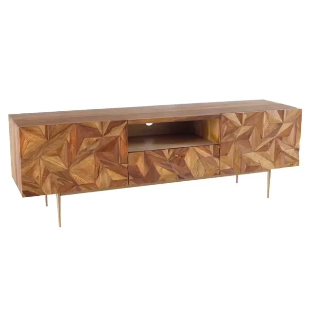 Meuble TV en bois massif Sheesham 160 cm – Design 3D artisanal & pieds doré mat Meuble TV en bois massif Sheesham 160 cm – Design 3D artisanal & pieds doré mat
