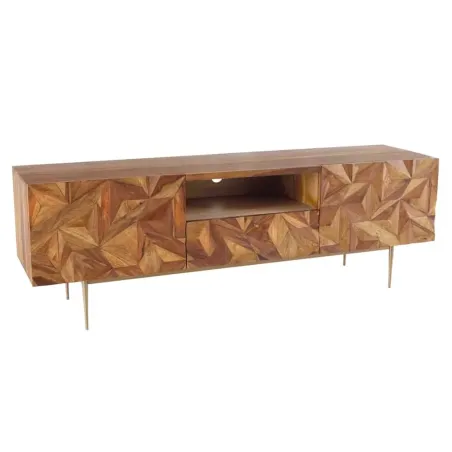 Meuble TV en bois massif Sheesham 160 cm – Design 3D artisanal & pieds doré mat