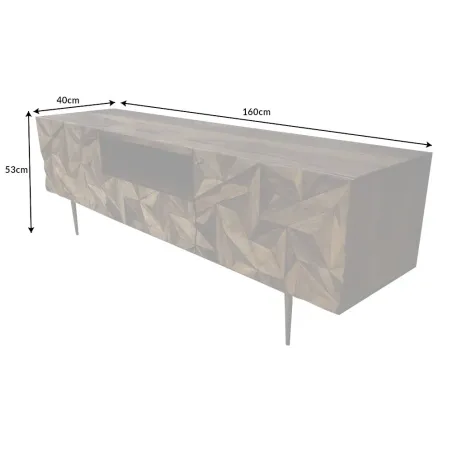 Meuble TV en bois massif Sheesham 160 cm – Design 3D artisanal & pieds doré mat