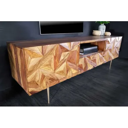 Meuble TV en bois massif Sheesham 160 cm – Design 3D artisanal & pieds doré mat 2