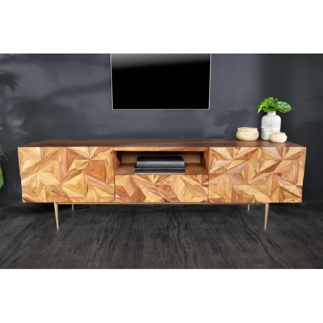 Meuble TV en bois massif Sheesham 160 cm – Design 3D artisanal & pieds doré mat Meuble TV en bois massif Sheesham 160 cm – Design 3D artisanal & pieds doré mat