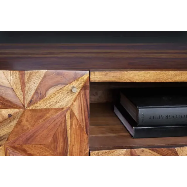 Meuble TV en bois massif Sheesham 160 cm – Design 3D artisanal & pieds doré mat Meuble TV en bois massif Sheesham 160 cm – Design 3D artisanal & pieds doré mat