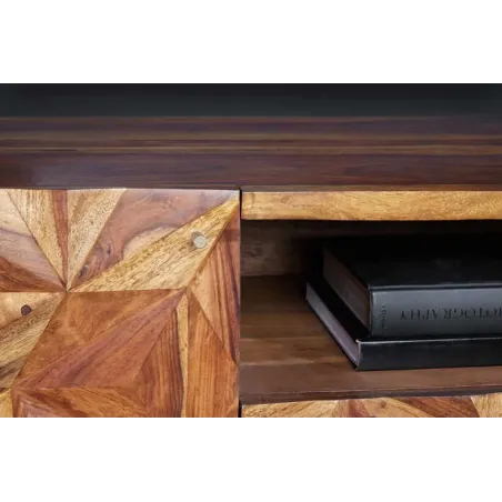 Meuble TV en bois massif Sheesham 160 cm – Design 3D artisanal & pieds doré mat