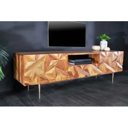 Meuble TV en bois massif Sheesham 160 cm – Design 3D artisanal & pieds doré mat