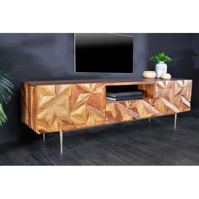 Meuble TV en bois massif Sheesham 160 cm – Design 3D artisanal & pieds doré mat