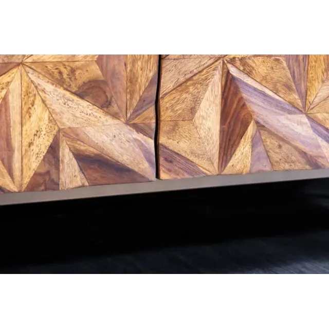 Meuble TV en bois massif Sheesham 160 cm – Design 3D artisanal & pieds doré mat