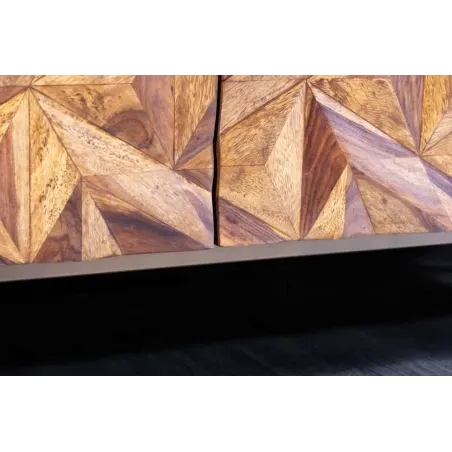 Meuble TV en bois massif Sheesham 160 cm – Design 3D artisanal & pieds doré mat