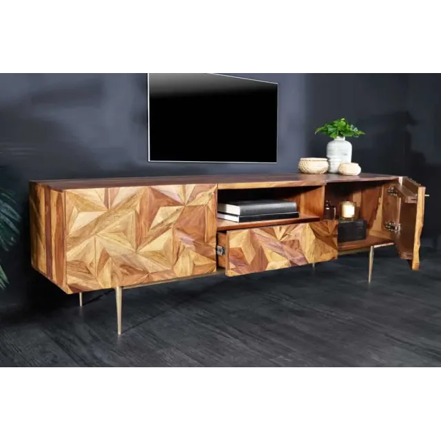 Meuble TV en bois massif Sheesham 160 cm – Design 3D artisanal & pieds doré mat Meuble TV en bois massif Sheesham 160 cm – Design 3D artisanal & pieds doré mat