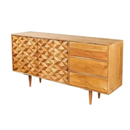 Buffet en bois massif d'acacia 145 cm – Finition miel, design rétro & poignées dorées