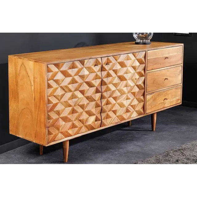 Buffet en bois massif d'acacia 145 cm – Finition miel, design rétro & poignées dorées Buffet en bois massif d'acacia 145 cm – Finition miel, design rétro & poignées dorées