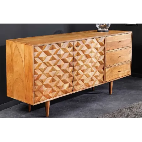 Buffet en bois massif d'acacia 145 cm – Finition miel, design rétro & poignées dorées