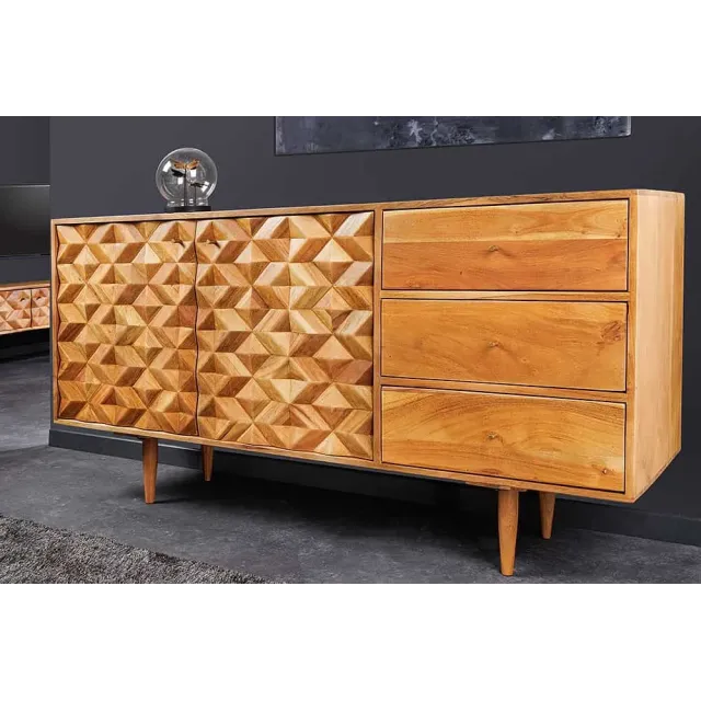 Buffet en bois massif d'acacia 145 cm – Finition miel, design rétro & poignées dorées Buffet en bois massif d'acacia 145 cm – Finition miel, design rétro & poignées dorées