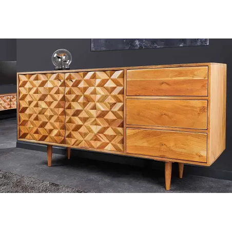 Buffet en bois massif d'acacia 145 cm – Finition miel, design rétro & poignées dorées