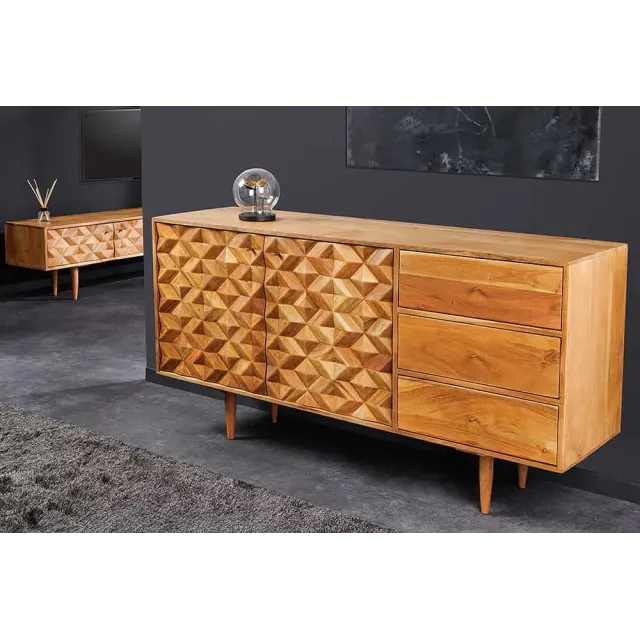 Buffet en bois massif d'acacia 145 cm – Finition miel, design rétro & poignées dorées Buffet en bois massif d'acacia 145 cm – Finition miel, design rétro & poignées dorées