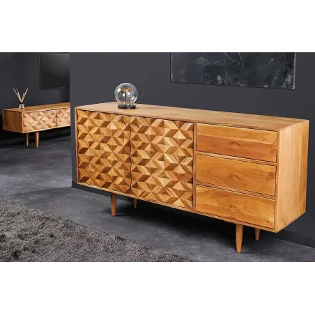 Buffet en bois massif d'acacia 145 cm – Finition miel, design rétro & poignées dorées